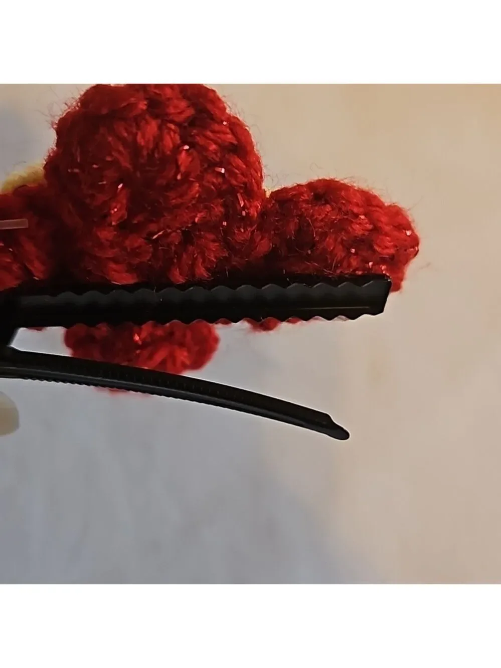 Hand Crafted bow hair accessory crochet red flower black alligator clip boho